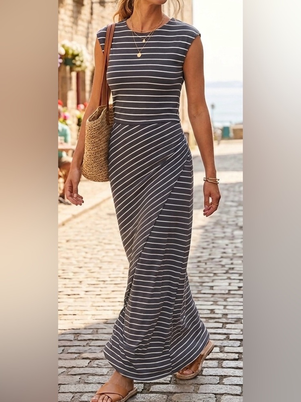 Striped grey and white Wrap-Style Maxi Skirt - Women's